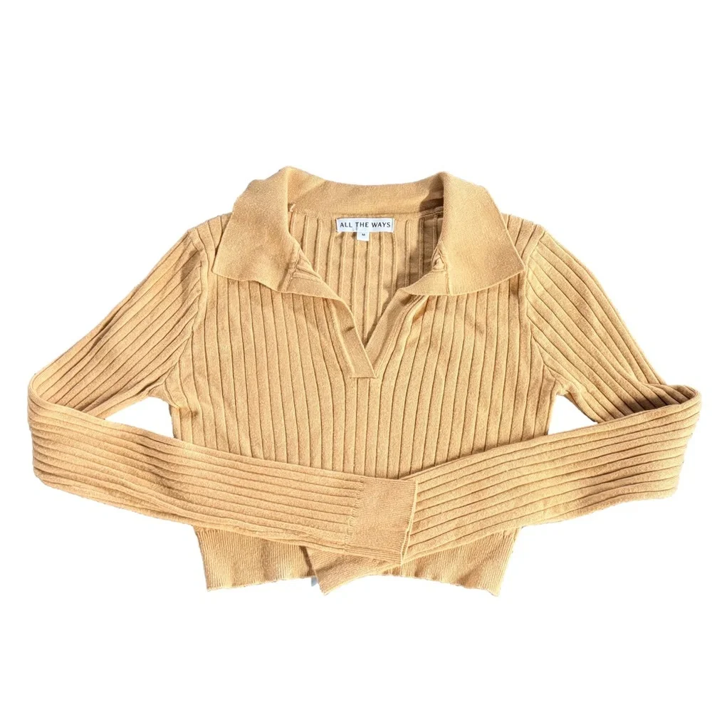 All The Ways Angela Crop Long-Sleeve Sweater Top in Tan Women’s Size Medium - Picture 2 of 6